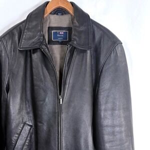 T Harris London Mens Black Leather Bomber Jacket Size L Full Zip Cotton Linng